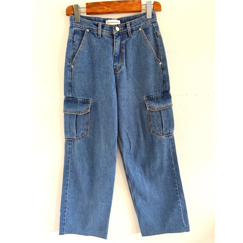 The Frankie Shop Womens XS Blue Cotton High Rise Wide Leg Cargo Jeans Med Wash